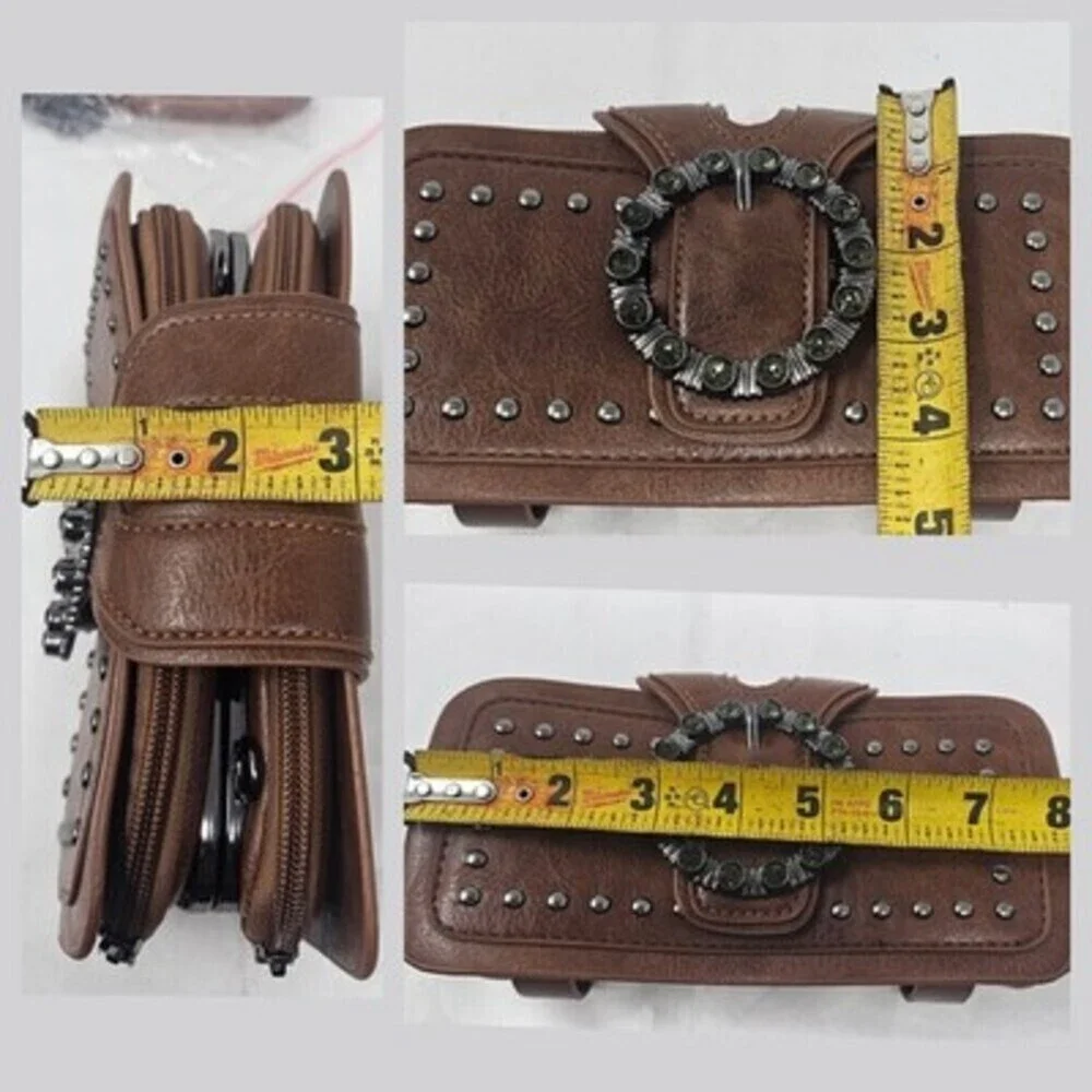 Women's Brown Stud Rhinestones Western Boho Chain Crossbody Wallet Faux Leather
